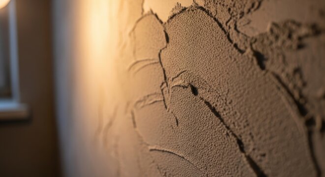 Close-up of a rough stucco plaster wall with visible trowel marks and warm lighting