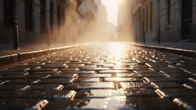 sunlight through wet stone alleyway timelapse sequence