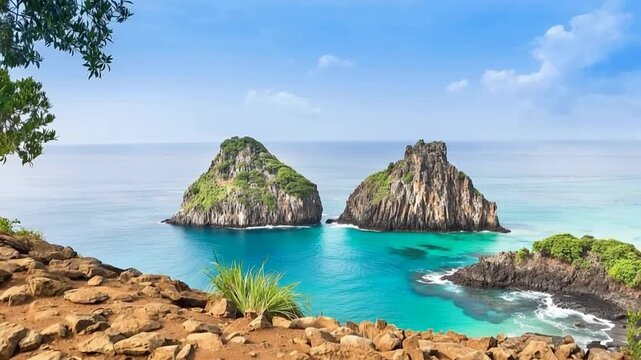 Fernando de Noronha, Brazil. View of Morro dos Dois Irmaos.