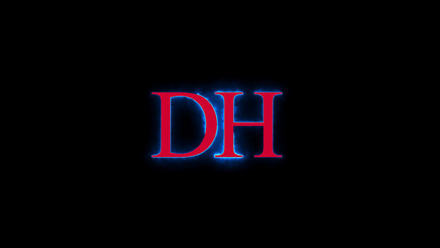 Red dh letters with blue electric glowing aura on black background for brand identity