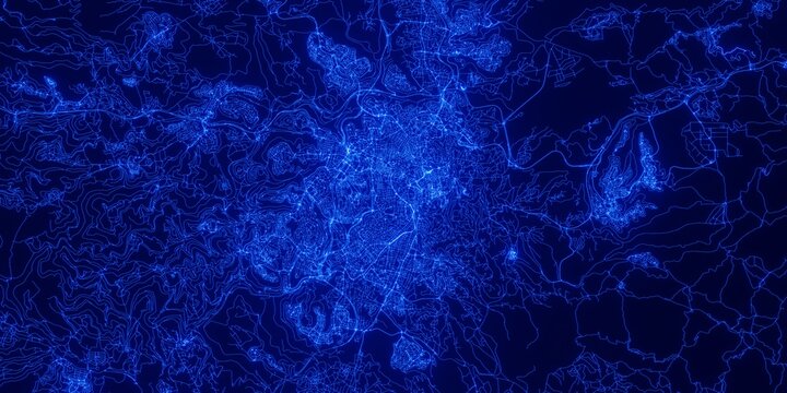 Jerusalem (Israel) street map. The style of the map is blue glow