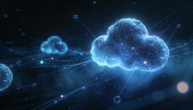 Cloud technology data network internet digital connection abstract blue computing background with glowing cloud computing big data futuristic cyber space blue light security information storage