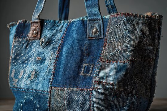 rugged denim tote bag with stitched patches and raw edges