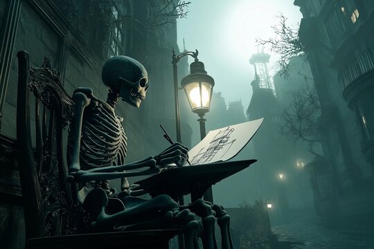 Skeleton architect sketches in a foggy steampunk city at dusk
