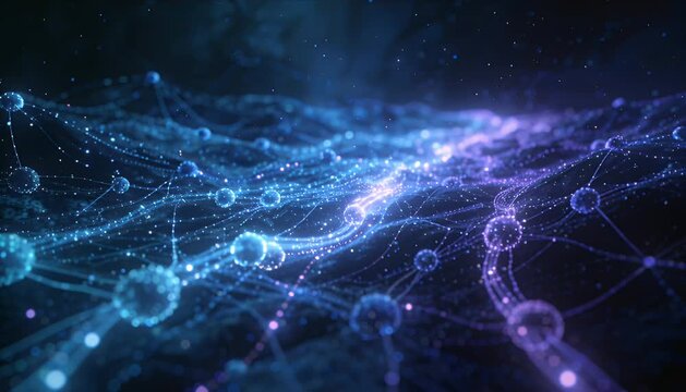 Abstract network data flow neural connection digital wave glowing particle blue light purple light quantum mesh cyber space futuristic background artificial intelligence network machine learning data