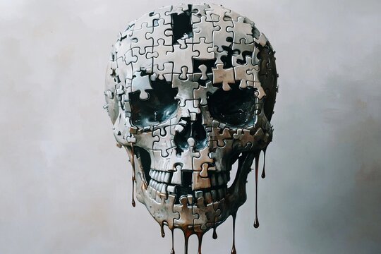 Melting puzzle skull with dripping pieces resembling flowing water