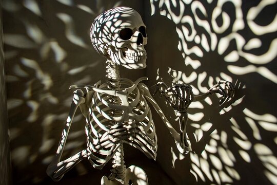 Skeleton creates light patterns on wall, showcasing artistic design in action