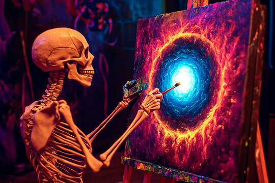 Skeleton painting a portal to another dimension on a canvas