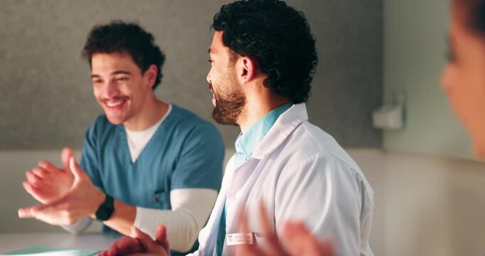 Doctor, team and applause with laptop in hospital for email, medical results and surgery success. Excited, people and cheering with tech for good news, group achievement and excellence for healthcare