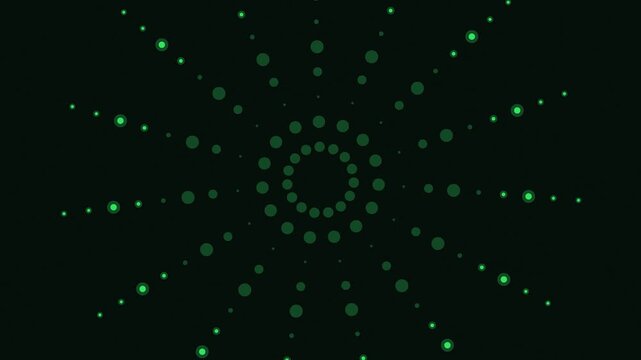Green digital dots pulsating in radial circular pattern motion graphics on dark background.