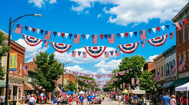 American flags and festive bunting adorn a charming small town street for an Independence Day summer festival celebration.