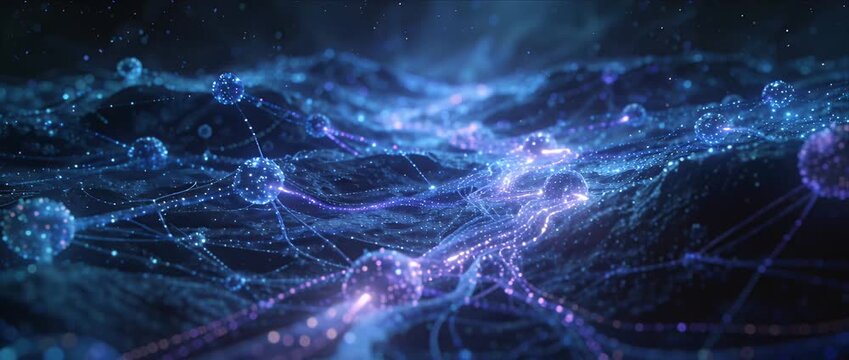 Glowing neural network abstract data wave digital connection futuristic technology artificial intelligence machine learning cyber landscape deep learning big data science fiction quantum sphere