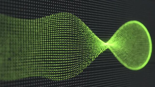 Green geometric dot pattern wave on black background.