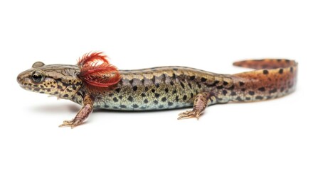 Fototapeta premium Spotted newt with red external gills on white background