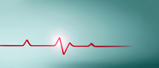 Fototapeta premium Red heartbeat line with glowing peak on soft blue gradient background symbolizing life and medical monitoring