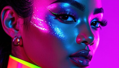 Obraz premium Close up portrait of a young woman with creative neon makeup and vibrant pink and blue lighting in a futuristic cyberpunk aesthetic