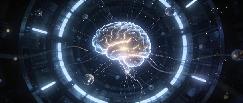 Futuristic brain AI chamber with glowing neural network, digital mind cybernetic intelligence, sci fi data sphere innovation, immersive cybernetic neural network energy and digital mind cyber space