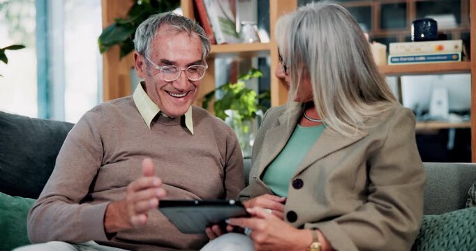 Help, smile and old couple in house with tablet, bonding together and partner guide on online platform. Happy, connection or elderly people on sofa with tech, spouse support or advice in app learning