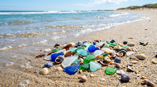 A vibrant collection of sea glass fragments and seashells rests on sandy beach shore with gentle ocean waves in background