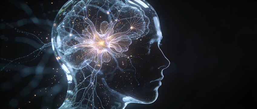 Futuristic ai mind human brain network digital neural connection glowing energy pattern abstract science art innovation technology virtual reality cyber intelligence future data concept