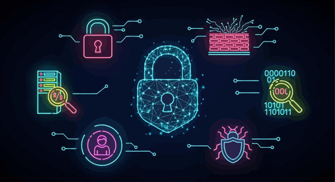 Neon cybersecurity icons and digital padlock on dark background