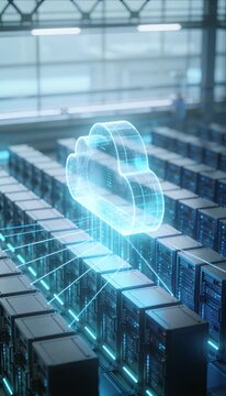 Futuristic cloud computing data center server rack digital network cybersecurity data technology secure storage online connection hologram glowing modern blue virtualization high tech cloud database