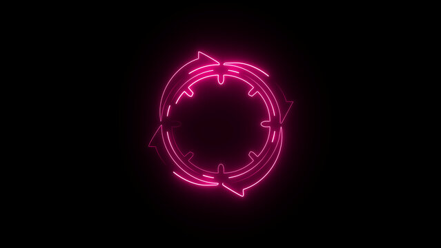 Circular neon pink loading indicator with rotating arrows and hud components on black