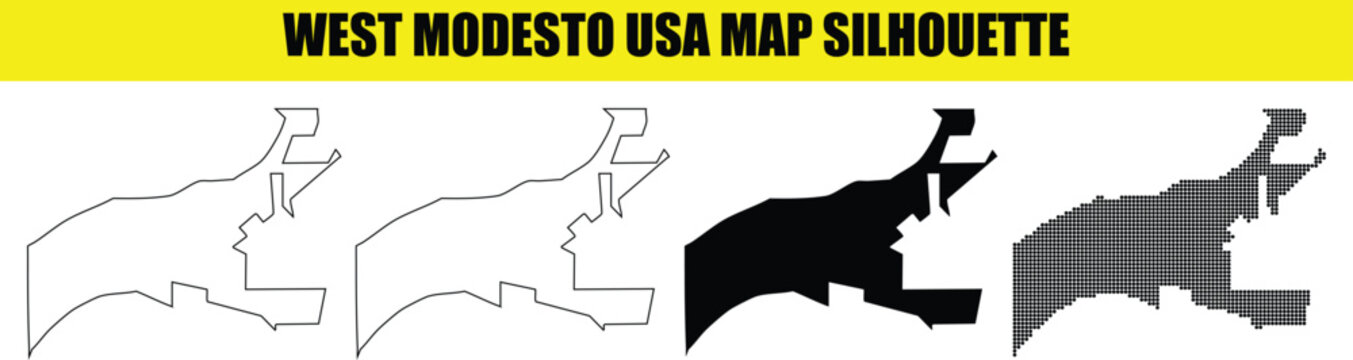 west modesto usa map silhouette, vector illustration of california city outline with different styles.