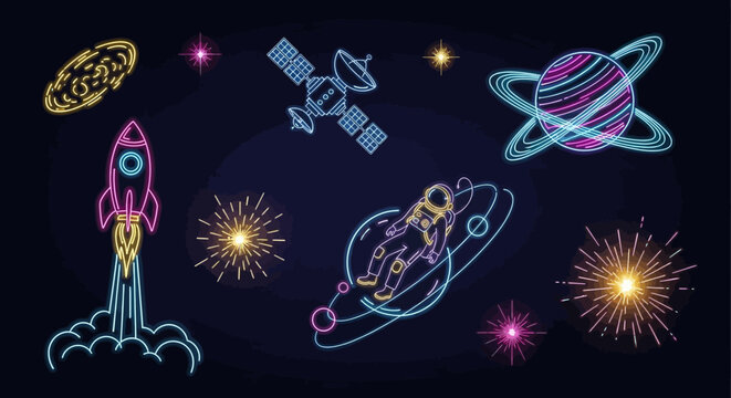 Neon rocket astronaut and planet icons in dark outer space