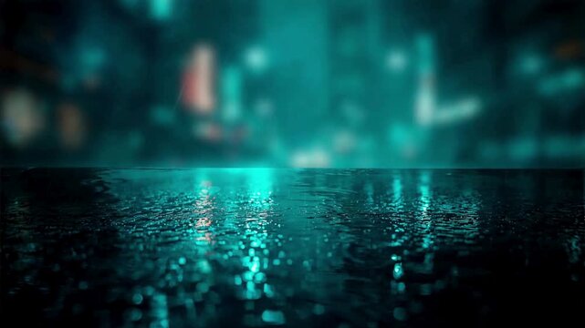 Abstract dark background with wet asphalt, neon lights, and reflections in the night city