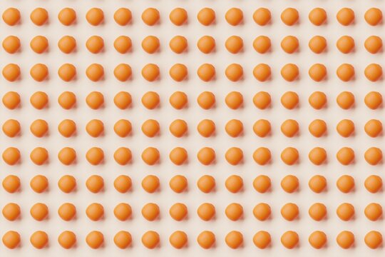 Many oranges on bisque background. Top flat view, disorder and grid, diagonal. 3d render, illustration