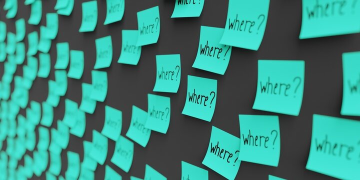 Many teal stickers on black board background with question where? symbol drawn on them. Closeup view with narrow depth of field and selective focus. 3d render, Illustration