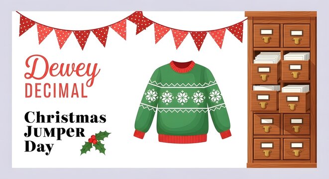 Dewey Decimal Christmas Jumper Day illustration with bookshelf