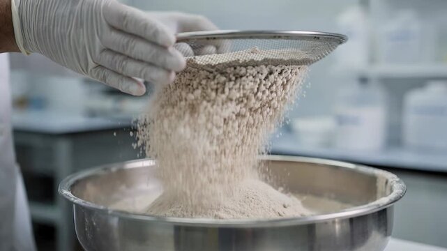Medium shot focusing on sieving powdered substrate through a fine mesh screen to ensure consistent particle size for precision reagent manufacturing