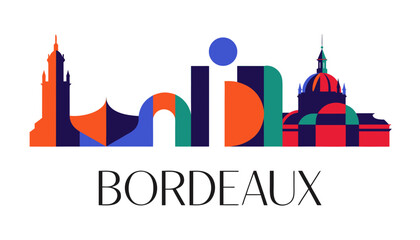 Obraz premium Vector illustration of Bordeaux skyline in colorful silhouette, with “BORDEAUX” text, on white background, modern city identity and tourism design