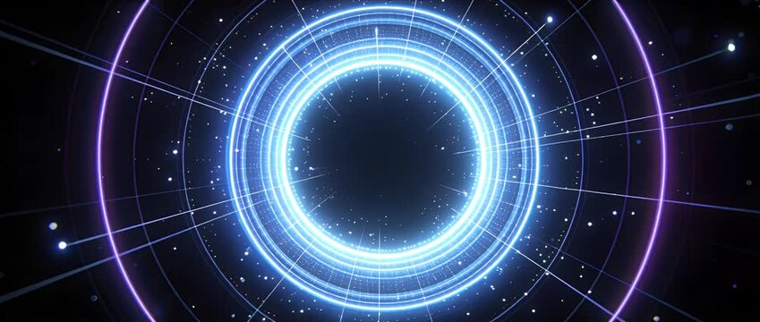 Futuristic circle glowing ring neon light blue background abstract design digital art sci fi cosmic energy bright halo space concept luminous line light trail galaxy star field vortex portal gradient