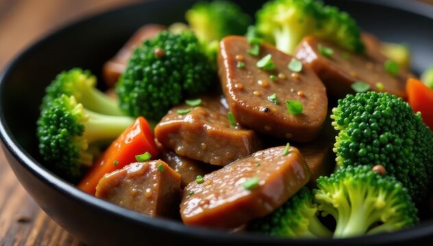 Close-up, glossy beef broccoli stir-fry; vibrant green broccoli, tender beef slices , cuisine, fresh