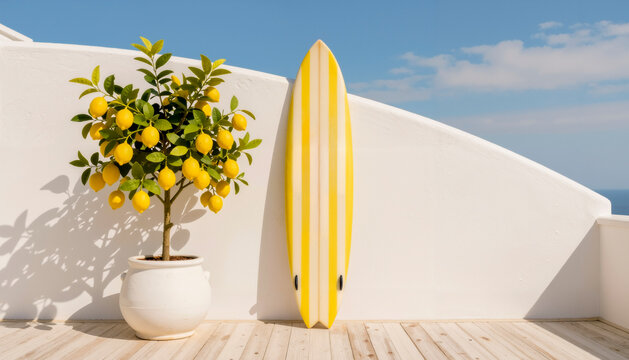 Tavola da surf gialla e limoni in vaso su terrazza bianca mediterranea