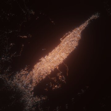 Conakry (Guinea) night view with street lights. Aerial shot from space. top view heading south, . 3d render, Illustration