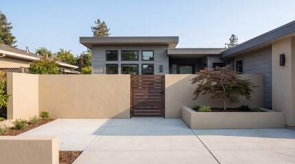 Fototapeta premium Modern minimal house exterior, Privacy wall and concrete courtyard, Flat roof architecture with wooden gate, Contemporary residential real estate