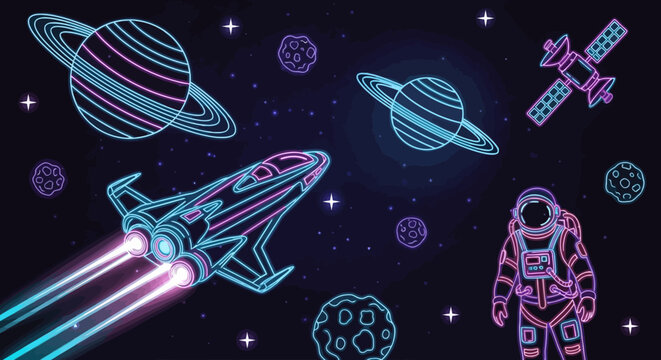 Neon space scene with spaceship astronaut and planets in orbit