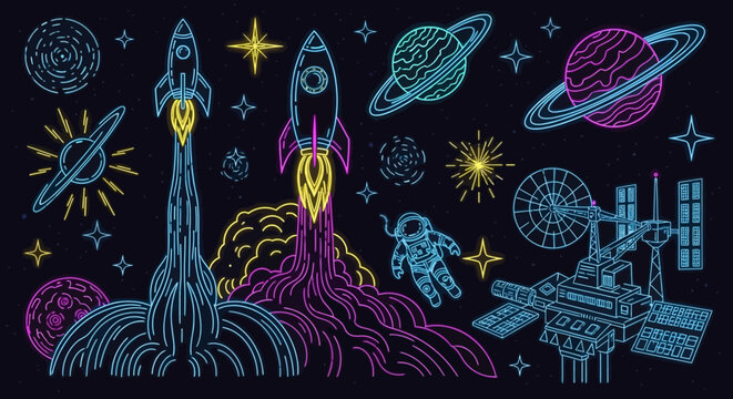 Neon space illustration with rockets launching and planets