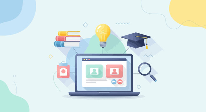 Online education and e-learning concept with laptop and icons
