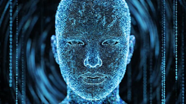 Human face formed by blue glowing digital data particles.
