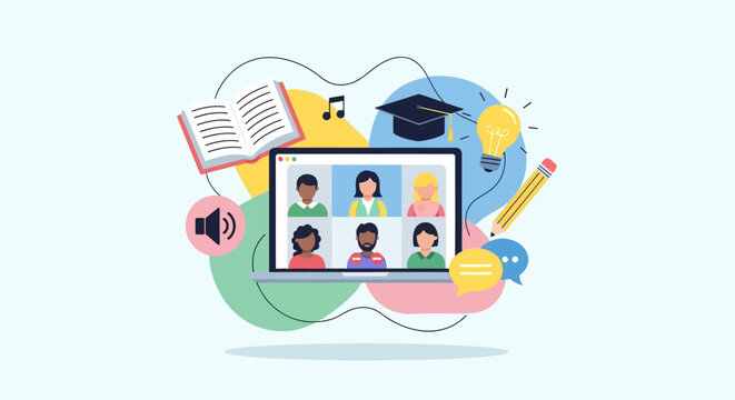 Online education flat illustration with students and study icons