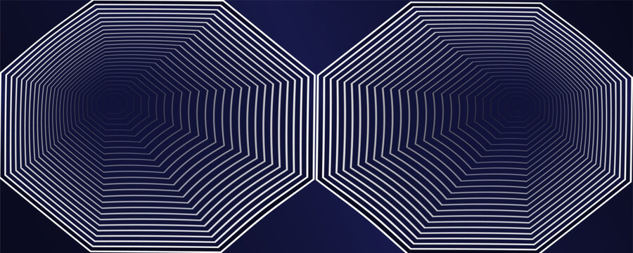 Abstract dark blue geometric tunnel background, optical illusion concentric octagon lines pattern vector illustration