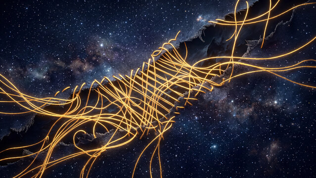 Glowing golden threads weaving through torn denim fabric against a starry space background.