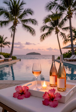 Vino rosato con candela e fiori di ibisco su lettino a bordo piscina al tramonto tropicale
