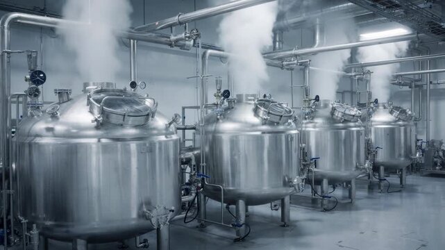 Medium shot capturing steaminplace sterilization cycle in progress on stationary tanks showcasing hightemperature steam used for aseptic processing and microbial control