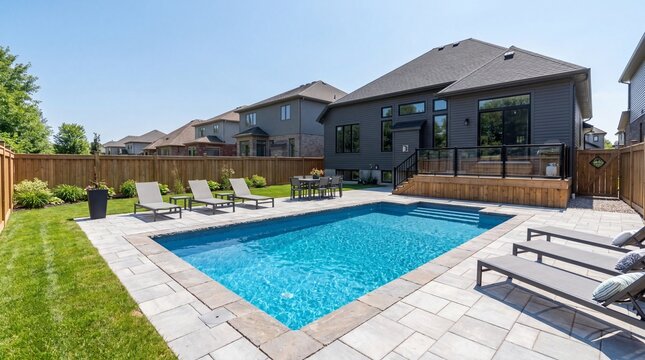 Modern backyard swimming pool, Luxury house exterior with patio and lounge chairs, Blue water and fenced lawn, Summer real estate lifestyle